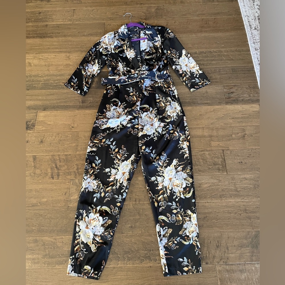 3/4 sleeve satin jumpsuit
